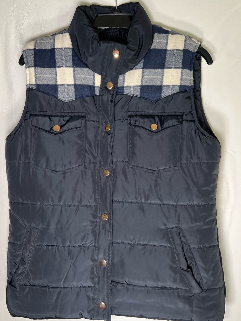 Ci Sono Navy Quilted Puffer Vest with Blue & White Plaid Yoke